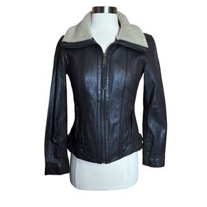 MICHAEL Michael Kors Brown Sherpa Collar Aviator Zip Genuine Leather Jacket PS